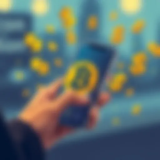 Illustration showing a person using a smartphone with a Bitcoin logo and dollar signs around, symbolizing the rounding up feature for purchases.