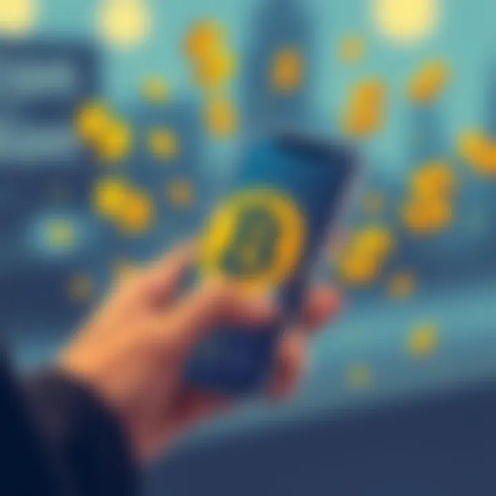 Illustration showing a person using a smartphone with a Bitcoin logo and dollar signs around, symbolizing the rounding up feature for purchases.
