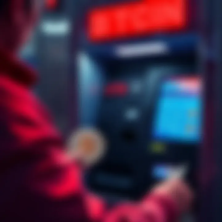 A person using a Bitcoin ATM in Sweden, with cash in hand and the ATM interface visible on the screen.