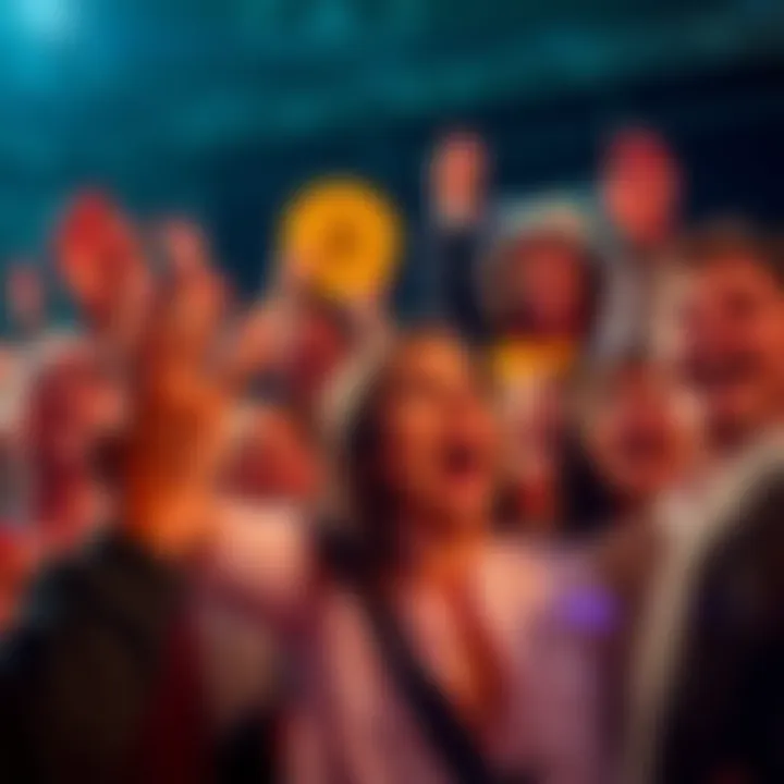 A crowd of people expressing excitement and surprise as they learn Bitcoin has reached $100 in 2013