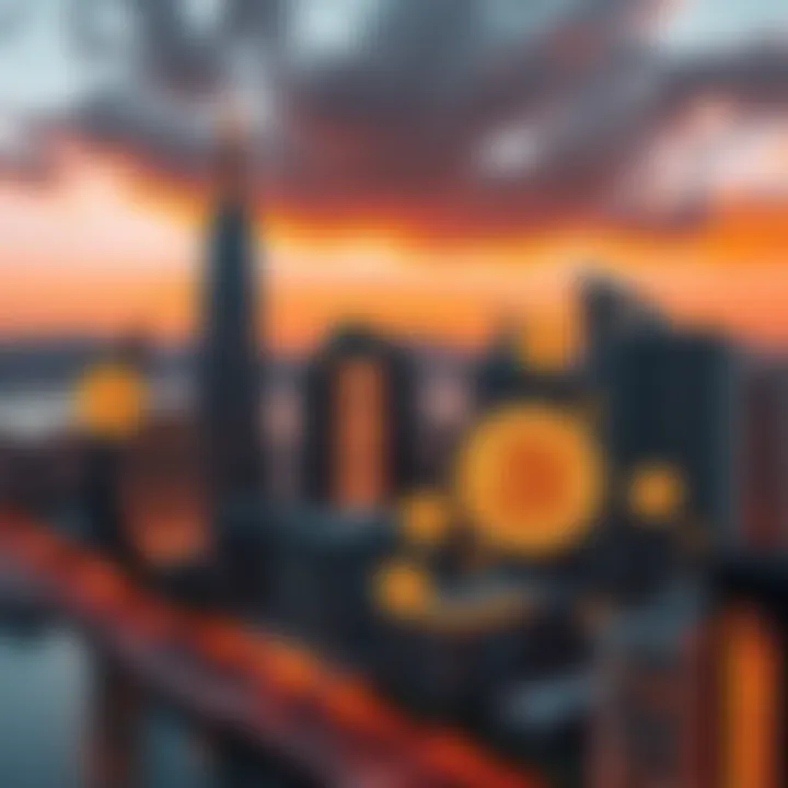 A futuristic skyline of Dubai or Hong Kong with Bitcoin symbols overlaying luxury apartments