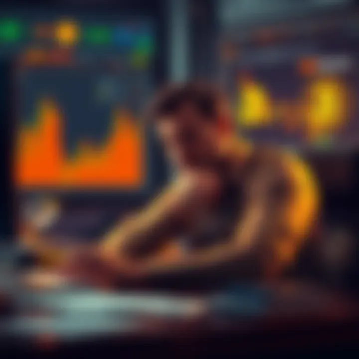 Bitcoin Reflecting Trader A trader sitting at a desk, looking at charts and Bitcoin symbols, showing a mix of regret and contemplation after selling BTC.