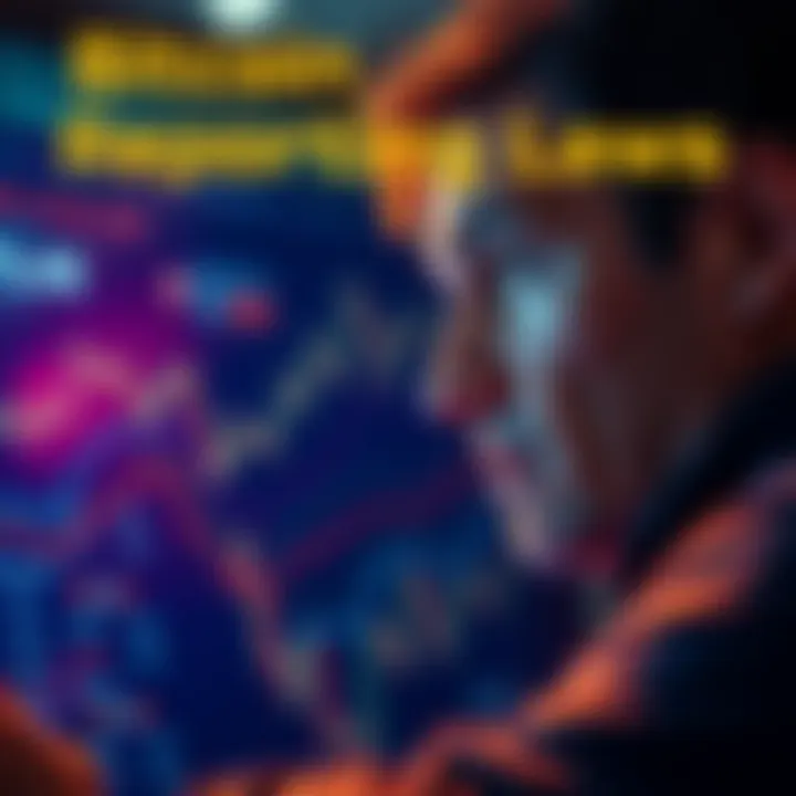 A person looking at a chart of Bitcoin trends and regulations with a concerned expression, symbolizing the challenges of compliance and asset protection.