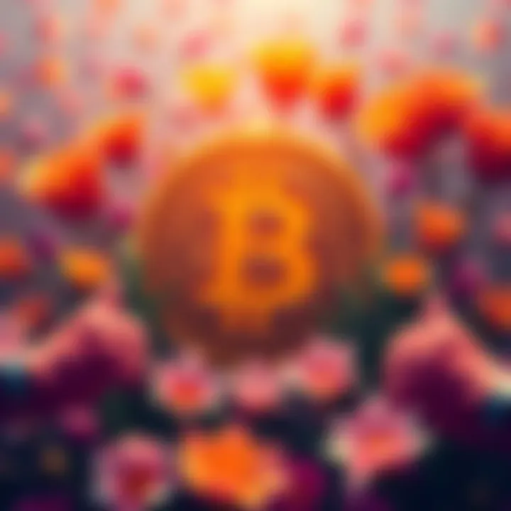 A vibrant Bitcoin logo surrounded by positive symbols like thumbs up and flowers, representing community support and optimism.