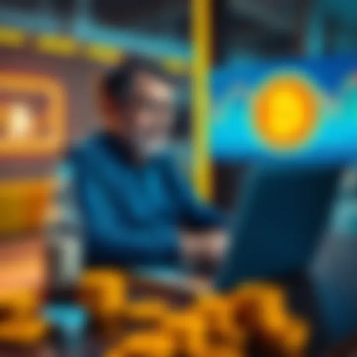 A confident investor reviewing Bitcoin trends on a laptop, with graphs showing market growth and a Bitcoin symbol on screen.
