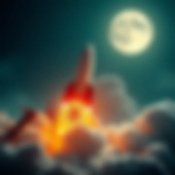 A rocket labeled with the Bitcoin symbol blasting off into the sky, symbolizing Bitcoin's growth and potential value increase.