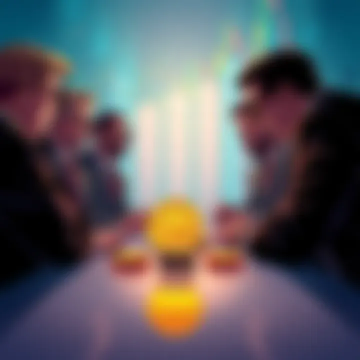 An illustration showing a group of wealthy individuals discussing Bitcoin market strategies with charts and graphs in the background.