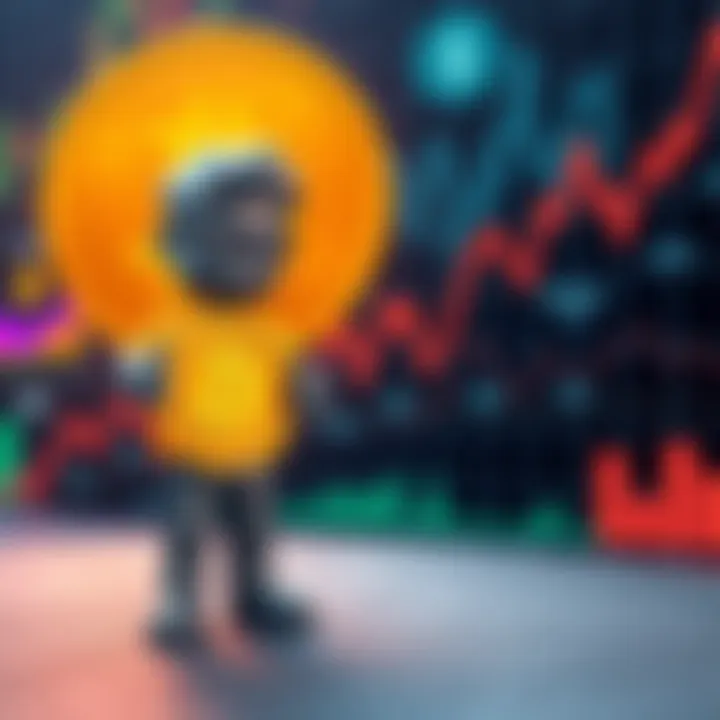 A graph showing a steep decline in Bitcoin prices, with a figure representing MSTR looking concerned while holding a Bitcoin symbol and a dollar sign. In the background, a financial market scene appea...