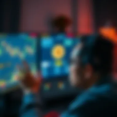 A worried person looking at a computer screen displaying cryptocurrency charts and warnings about scams.