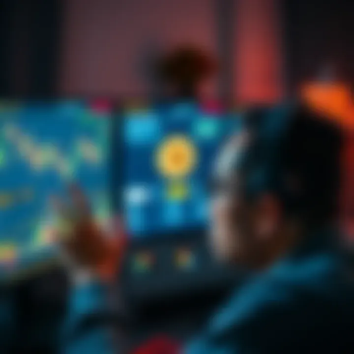 A worried person looking at a computer screen displaying cryptocurrency charts and warnings about scams.
