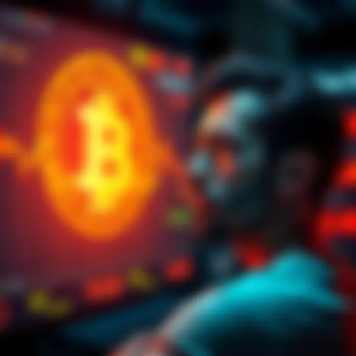 A person looking worried while staring at a screen displaying falling Bitcoin prices, symbolizing financial distress and deception in cryptocurrency investments.