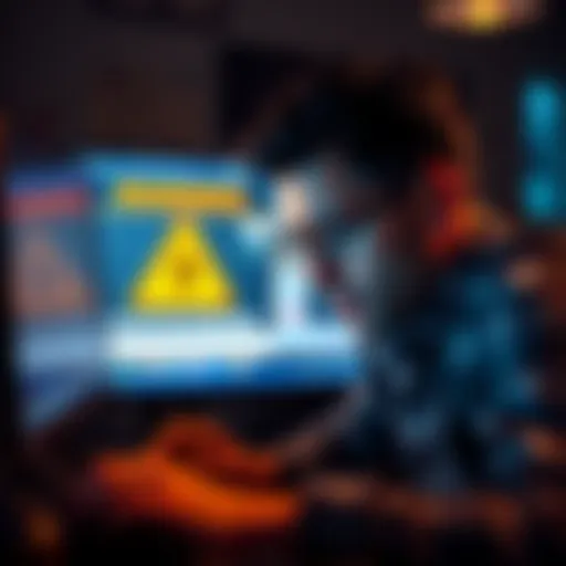 A distressed beginner investor looking at a computer screen displaying warning signs of Bitcoin scams