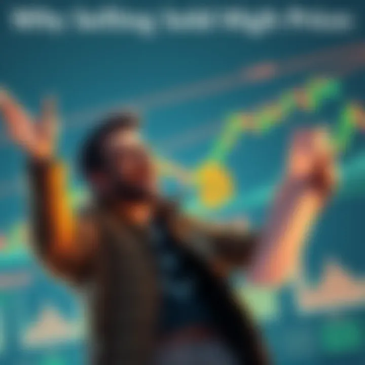 A person celebrates selling Bitcoin for a high price, while looking at a market graph showing recent volatility, with calm expressions and financial papers in hand.