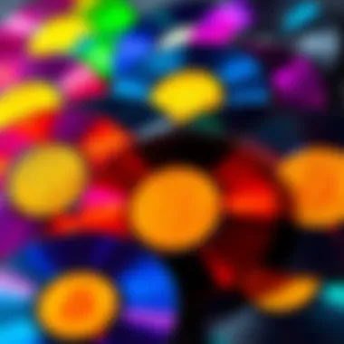 Colorful vinyl records representing Bitcoin songs A collection of vibrant vinyl records with Bitcoin symbols, showcasing the connection between music and cryptocurrency.