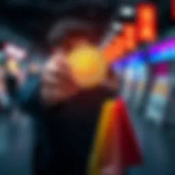 A person holding Bitcoin in one hand and shopping bags in the other, symbolizing the impact of Bitcoin on consumer spending.