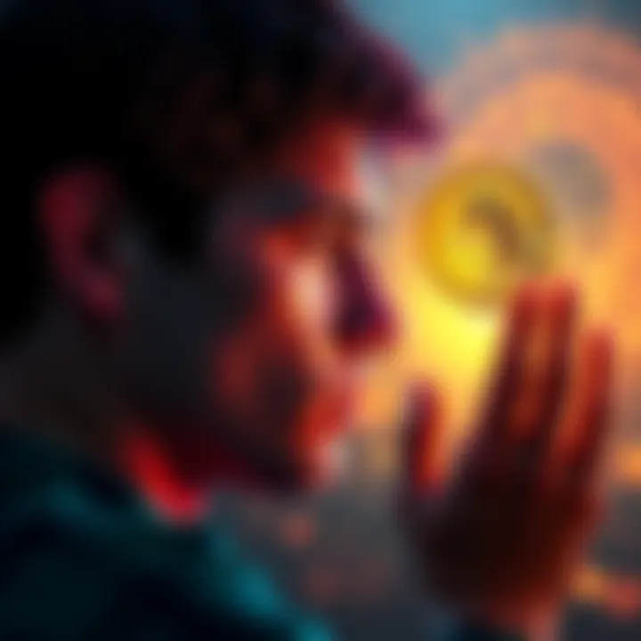 A person looking at a Bitcoin symbol surrounded by light, symbolizing transformation and awakening.