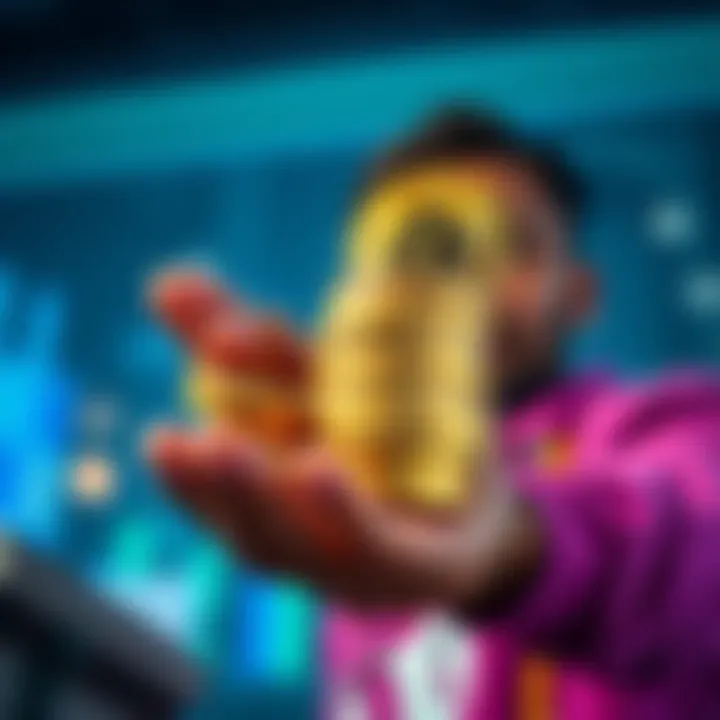 A person holding Bitcoin coins while selling dollars