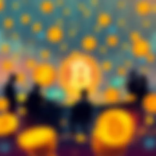 Illustration showing Bitcoin miners, users, developers, and exchanges interacting in a decentralized network, highlighting collaboration and competition.