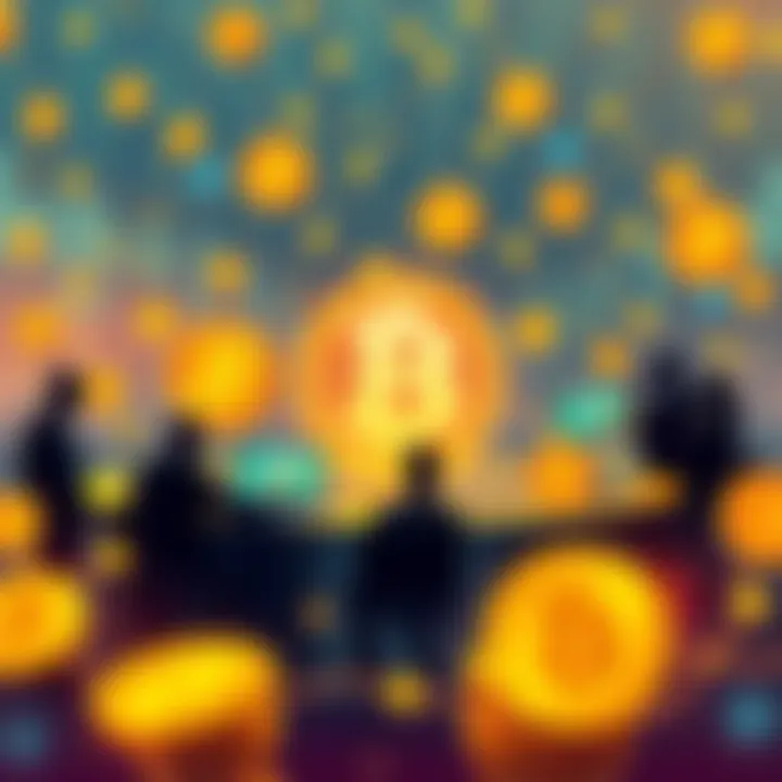 Illustration showing Bitcoin miners, users, developers, and exchanges interacting in a decentralized network, highlighting collaboration and competition.