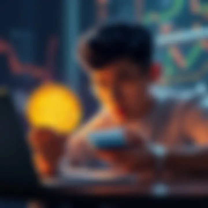 A person looking at a Bitcoin symbol with a calculator, considering staking options on a laptop.