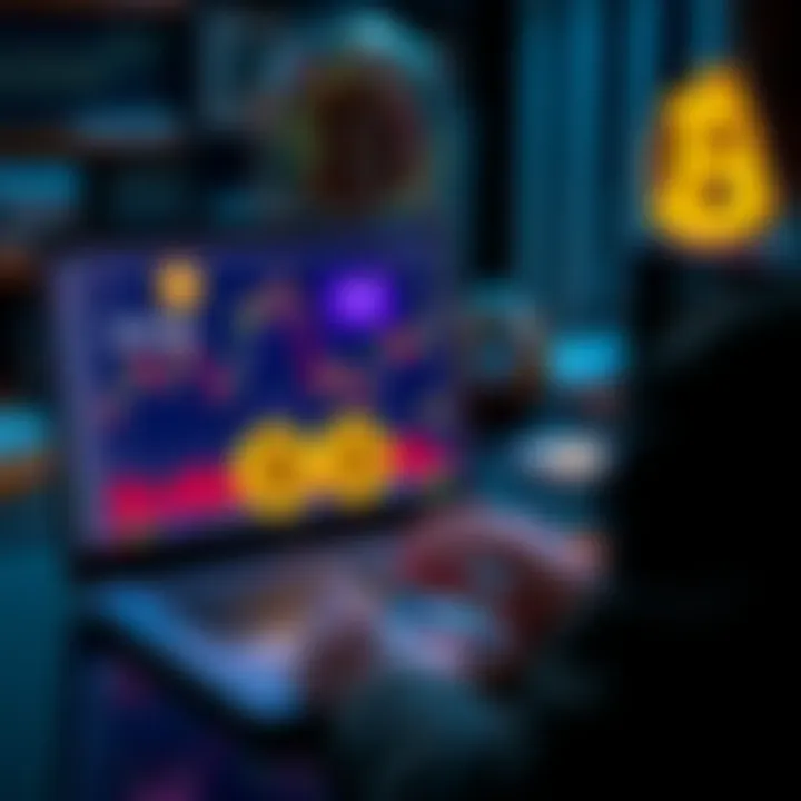Bitcoin Staking Concept A person reviewing Bitcoin staking options on a laptop with charts and Bitcoin symbols on the screen.