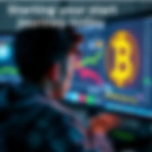 A person looking at a computer screen displaying Bitcoin charts and resources for beginners