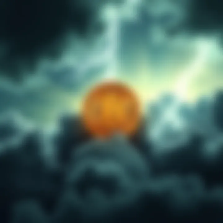 A Bitcoin symbol stands firm amid dark clouds and lightning, representing stability in a turbulent market