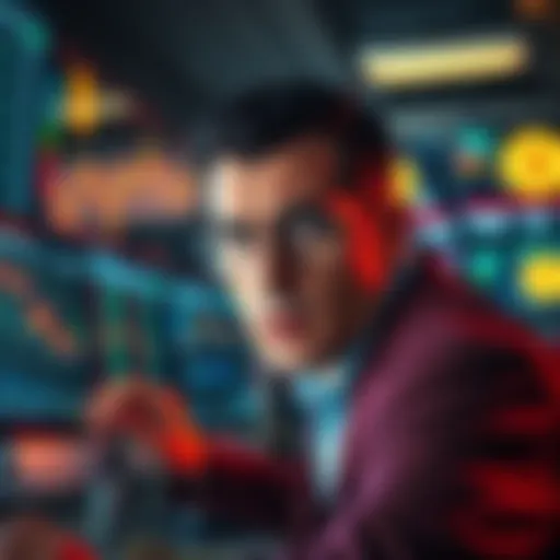 A trader looking anxious while monitoring Bitcoin prices on multiple screens, representing the pressure of cryptocurrency trading.
