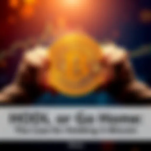 A bold Bitcoin symbol being held firmly with strong hands, symbolizing commitment to holding through market fluctuations.