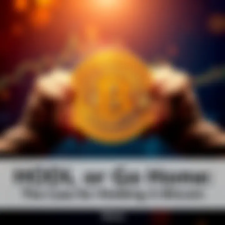 A bold Bitcoin symbol being held firmly with strong hands, symbolizing commitment to holding through market fluctuations.