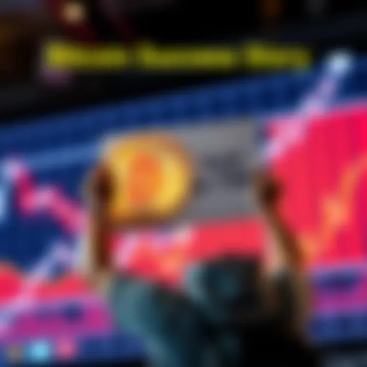 A person celebrating a successful Bitcoin investment, holding up a sign that says 'Sold at 70k' with a graph showing rising prices in the background.