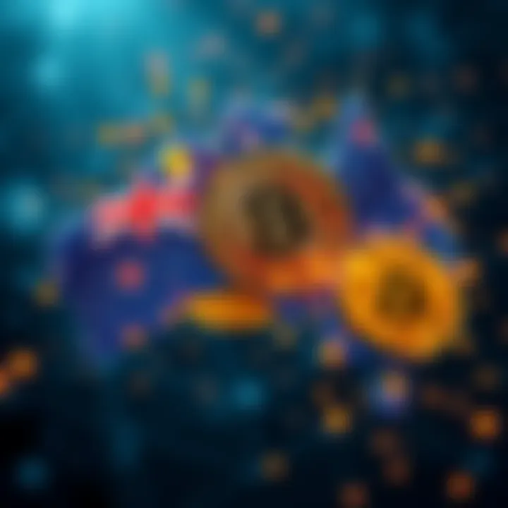 A graphic showing Bitcoin symbols and Australian superannuation funds blending together, representing investment opportunity.