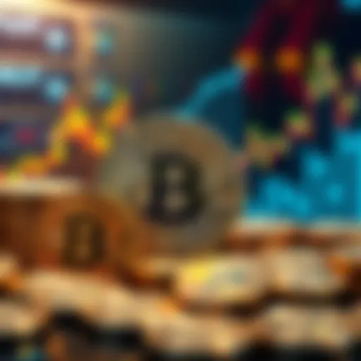 A visual representation of Bitcoin coins with a digital graph indicating supply changes and miners working in the background.