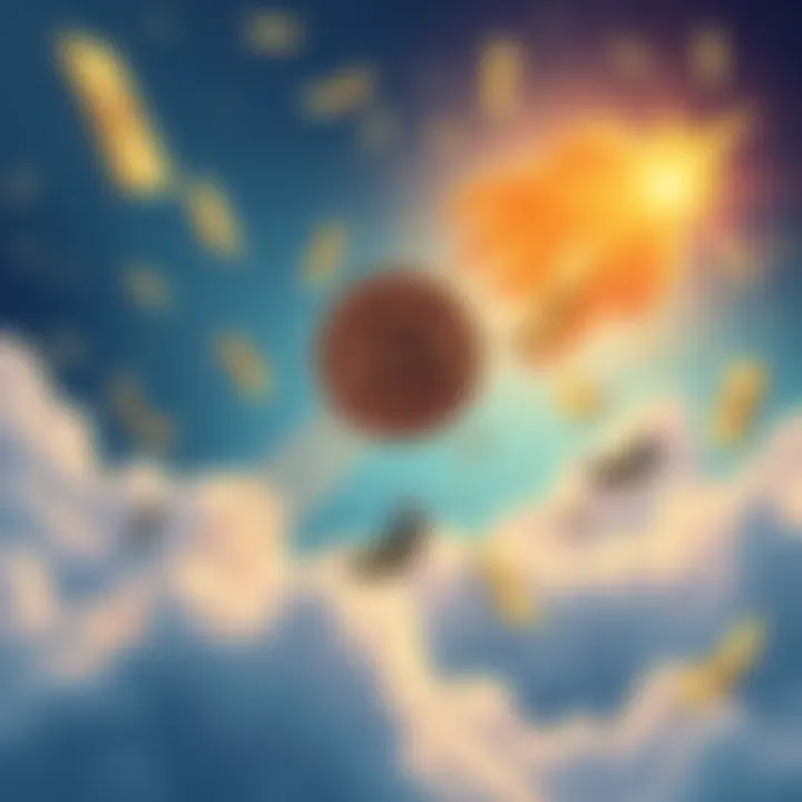 A cartoon Bitcoin soaring high in the sky with dollar bills floating around.