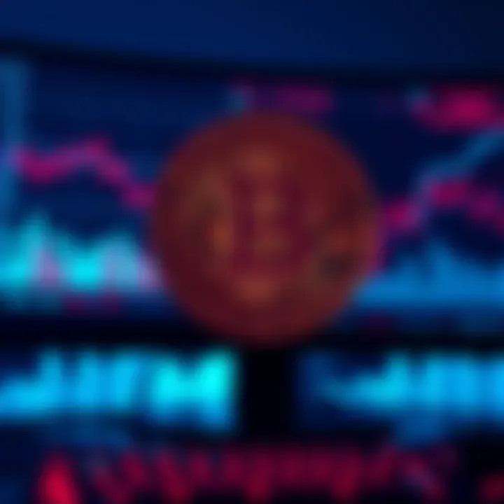 A close-up of the Bitcoin symbol displayed on a computer screen, surrounded by graphs showing stagnant trends in cryptocurrency.