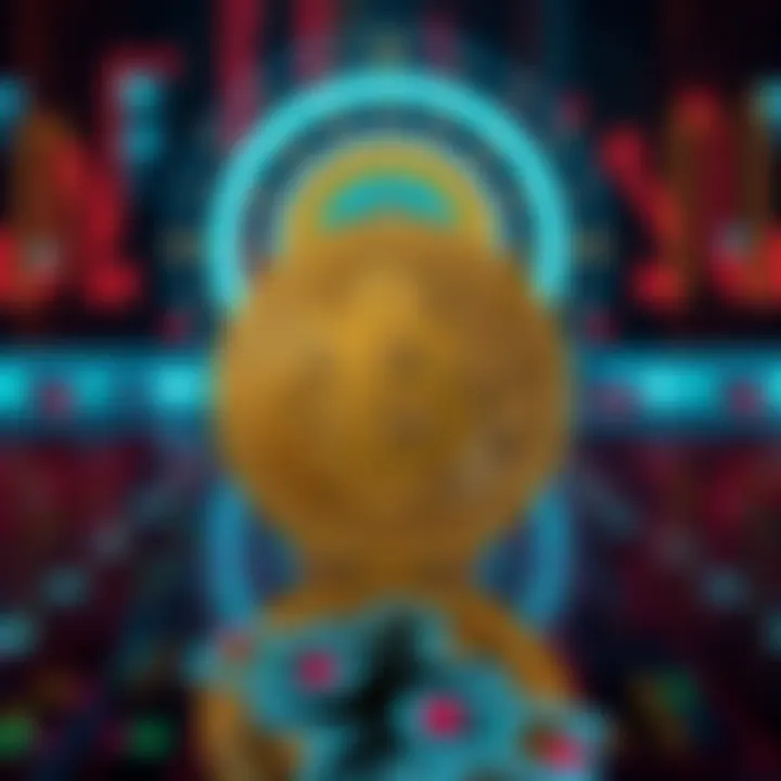 A Bitcoin symbol displayed prominently against a digital backdrop, representing its dual role as digital gold and a potential medium of exchange.