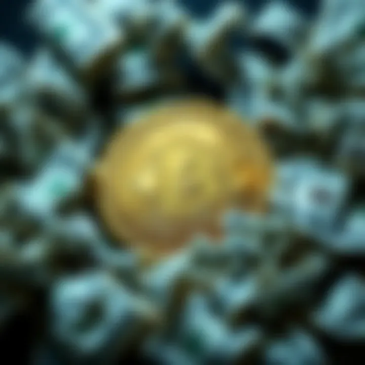 A Bitcoin symbol surrounded by crumpled dollar bills representing a financial struggle and commitment to cryptocurrency.