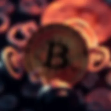 A Bitcoin symbol surrounded by dollar signs representing its potential as a currency.