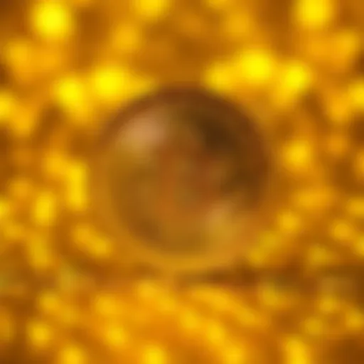 A Bitcoin symbol in gold color on a shiny gold background, representing its value as digital gold.