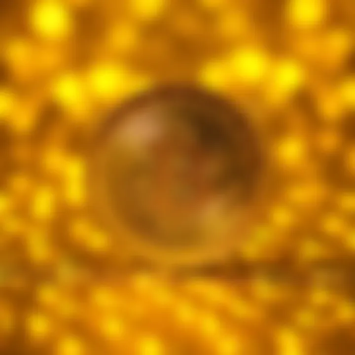 A Bitcoin symbol in gold color on a shiny gold background, representing its value as digital gold.
