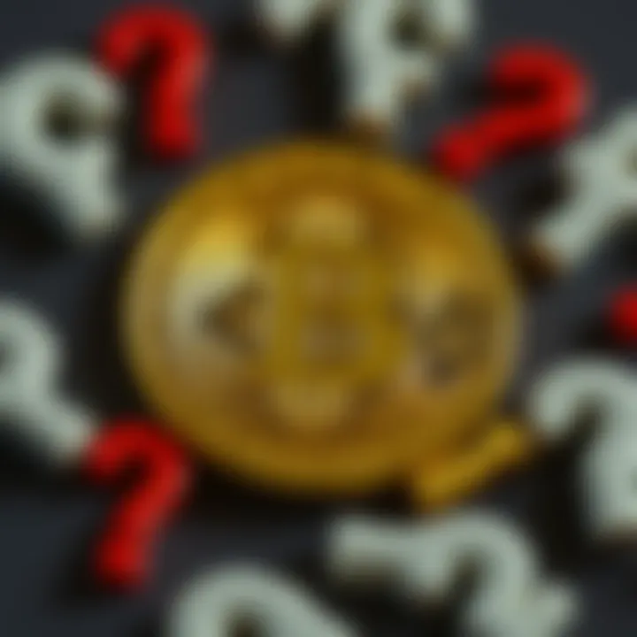 A Bitcoin symbol surrounded by question marks, symbolizing uncertainty in its value and impact on finance.