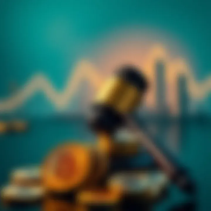 A gavel and Bitcoin coins representing a court ruling on cryptocurrency taxes.