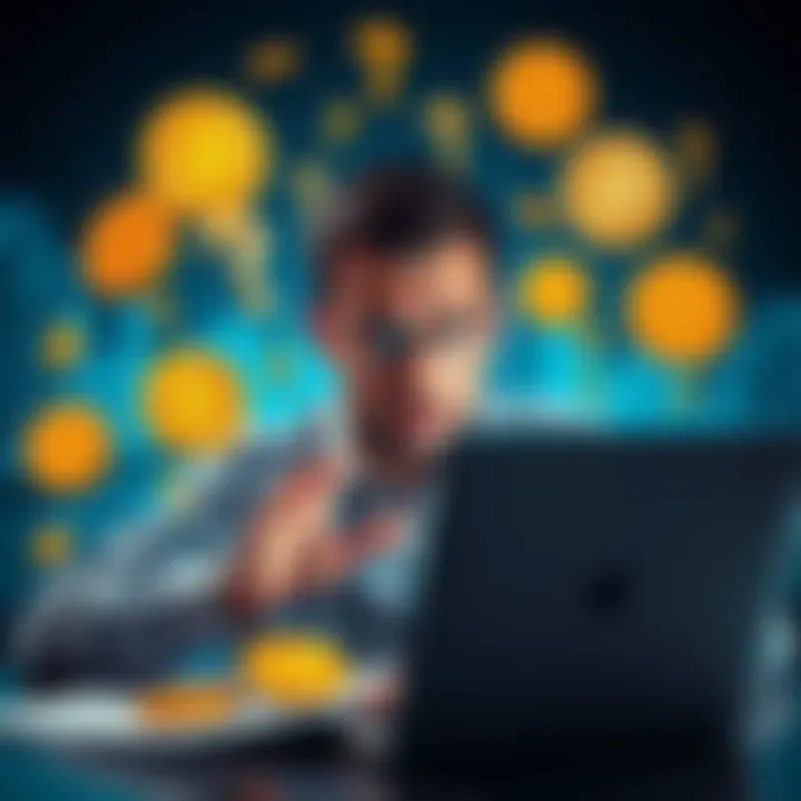A confused person looking at a laptop, surrounded by Bitcoin symbols and a tax form, showing concerns about Bitcoin transactions and taxes.