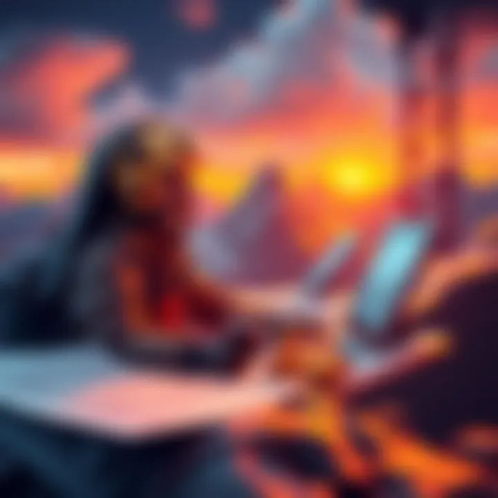 A conceptual illustration depicting bitcoin mining and tax obligations, featuring a miner with a digital landscape and tax forms in the background.