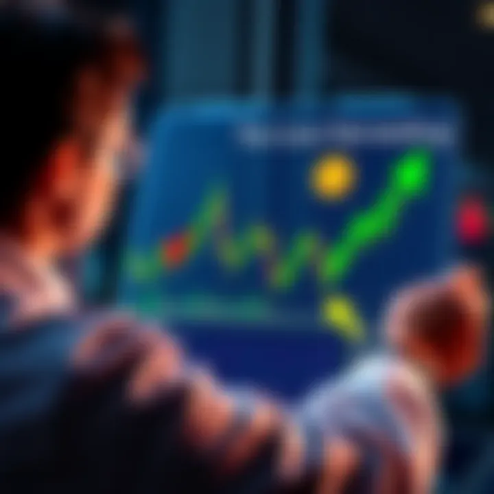 Bitcoin tax savings concept A financial advisor showing a graph of Bitcoin prices with arrows indicating selling and buying back, symbolizing tax loss harvesting strategies.