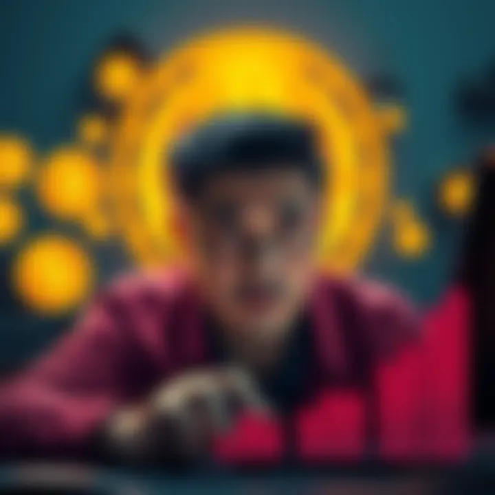 A person looking at a computer screen with a worried expression, surrounded by cryptocurrency symbols and a graph of rising housing prices.
