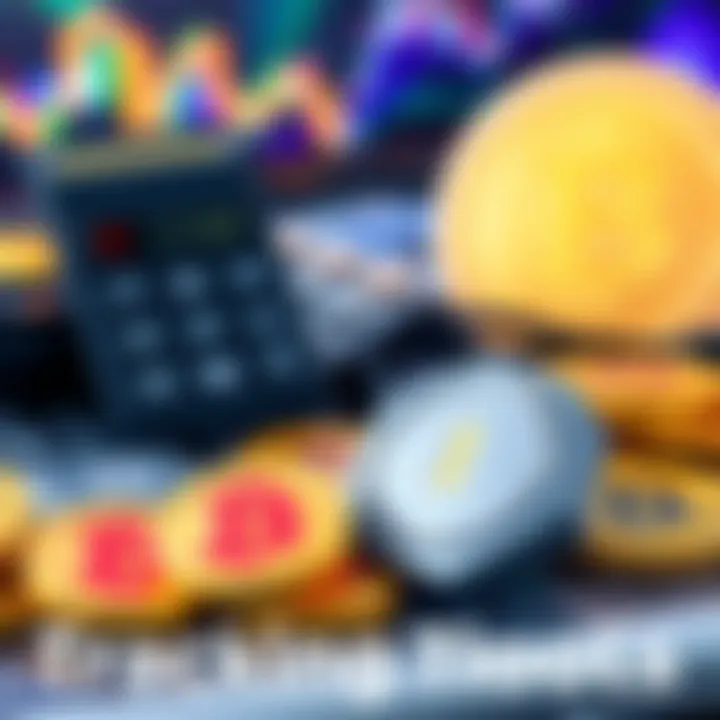 A collection of software icons related to bitcoin tracking and management, with a calculator and a bitcoin symbol in the background.