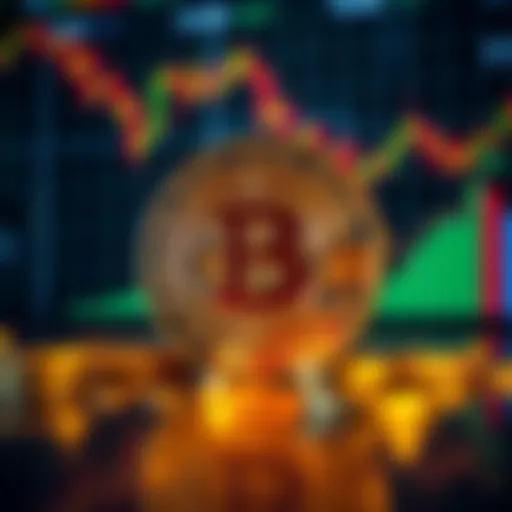 A digital representation of Bitcoin with fluctuating price graphs in the background, illustrating the uncertainty of new investors about buying timing.