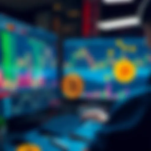 A trader analyzing Bitcoin price charts on a computer screen, with graphs showing volatility and profit potential, surrounded by cryptocurrency symbols.