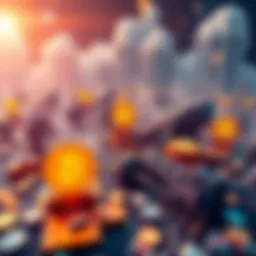 A 3D representation of Bitcoin trading with dynamic order books, liquidations, and whale transactions depicted as a battlefield scene